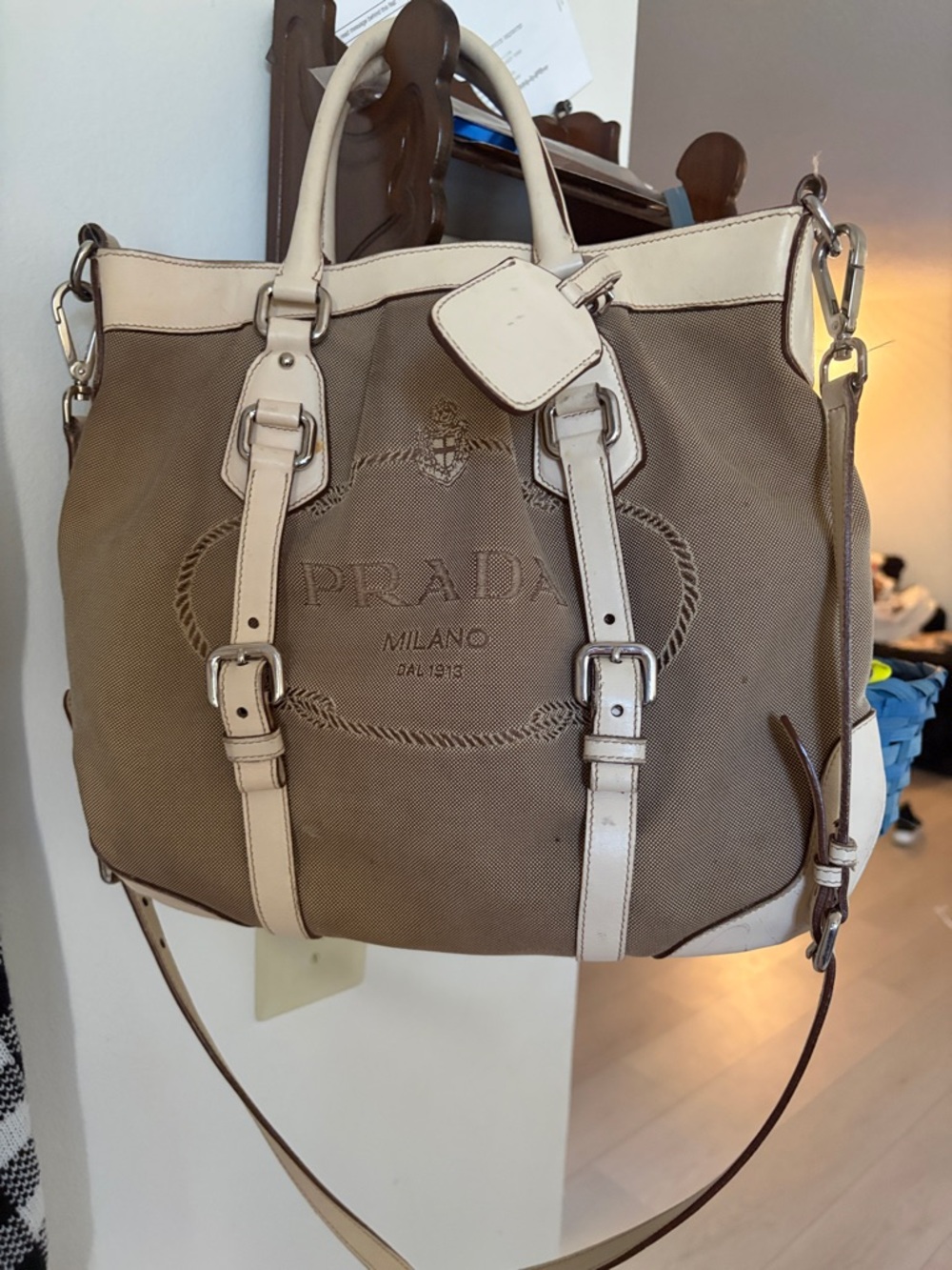 Prada Beige Canvas Tote with Cream Leather Trim